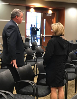 Municipal airport authority Steve Blazek speaks with newly-appointed teacher Tammy Linn after City Commisioners meeting - photo by C.S. Hagen
