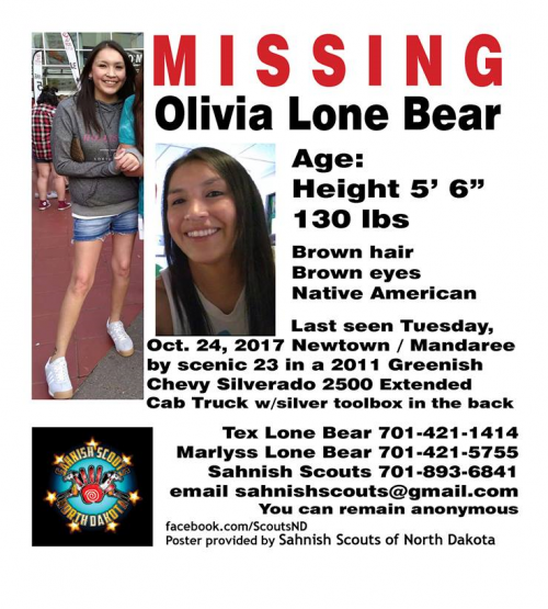Olive Lone Bear's missing person's poster - Sahnish Scouts of North Dakota