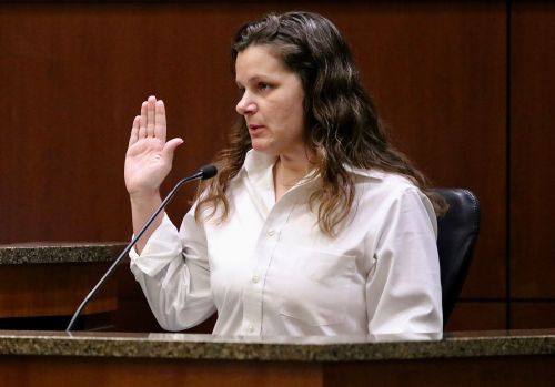 Brooke Lynn Crews, convicted in her role of murdering Savanna Greywind, swears to tell the truth in court - photograph by C.S. Hagen